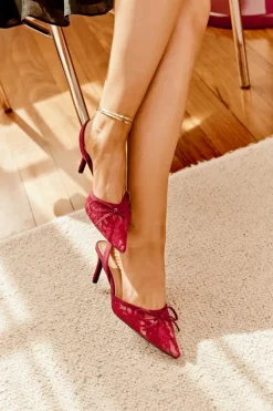 Koronkowe Szpilki Z Odkrytą Piętą Bordowe Annivirae