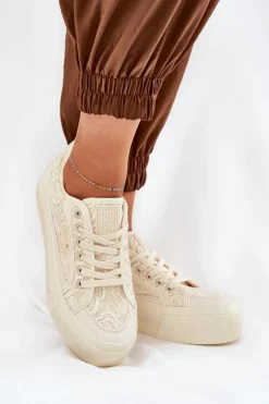 Koronkowe Trampki Damskie Big Star RR274746 Beżowe