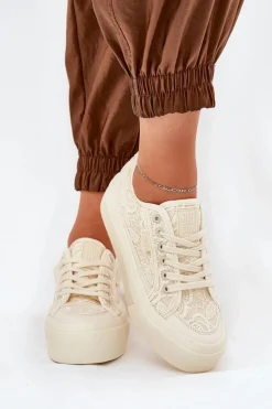 Koronkowe Trampki Damskie Big Star RR274746 Beżowe