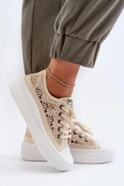 Koronkowe Trampki Damskie Lee Cooper LCW-23-44-1620 Beżowe