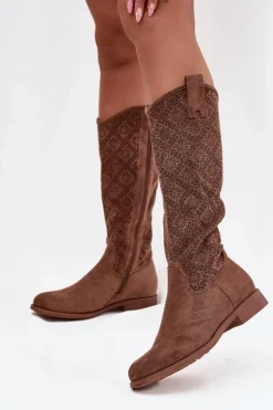 Kozaki Damskie Ażurowe Na Płaskim Obcasie S.Barski HY52-534 Brązowe