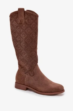 Kozaki Damskie Ażurowe Na Płaskim Obcasie S.Barski HY52-534 Brązowe