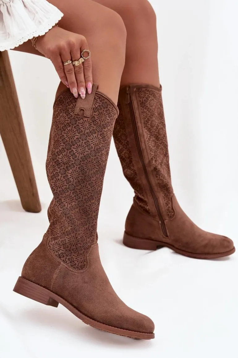 Kozaki Damskie Ażurowe Na Płaskim Obcasie S.Barski HY52-534 Brązowe