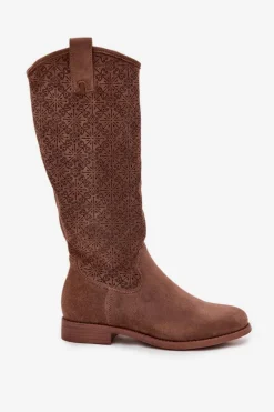 Kozaki Damskie Ażurowe Na Płaskim Obcasie S.Barski HY52-534 Brązowe