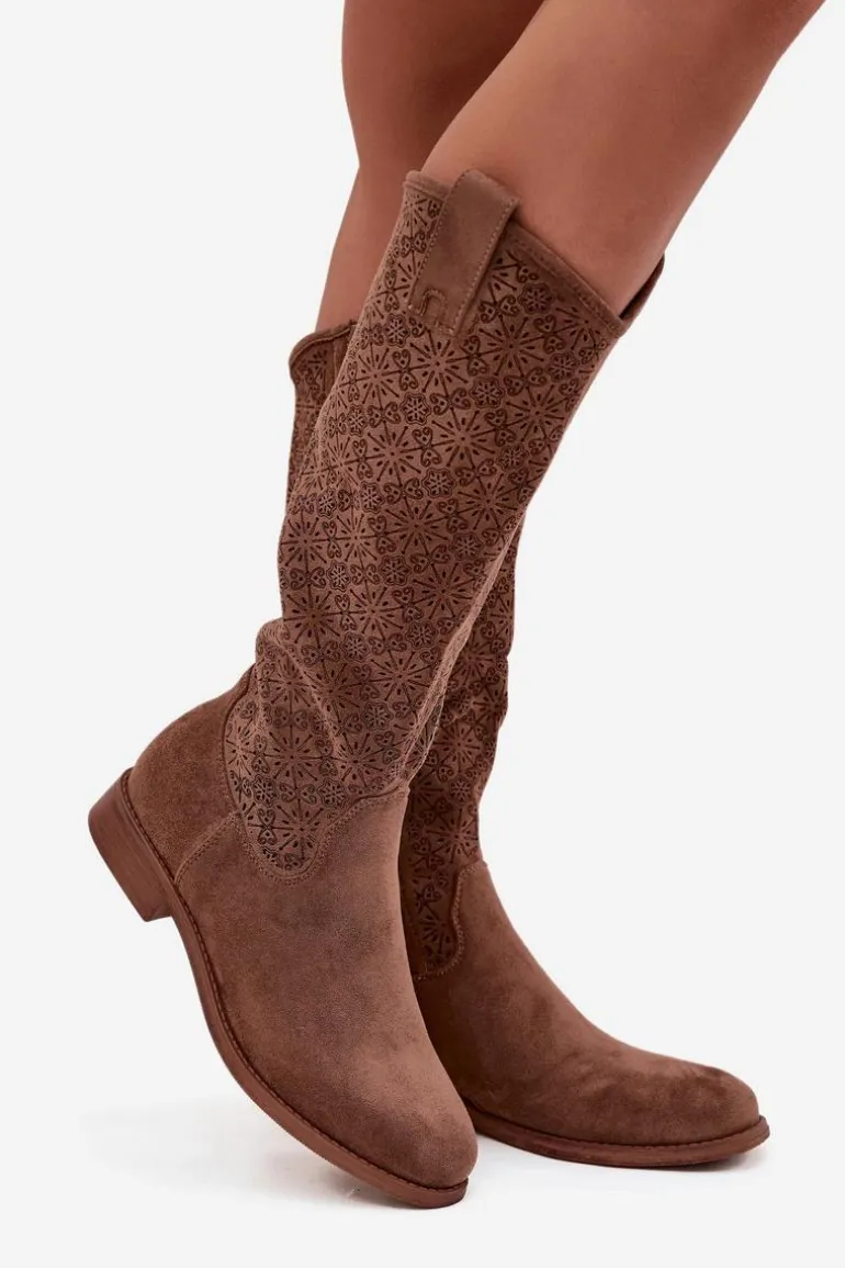 Kozaki Damskie Ażurowe Na Płaskim Obcasie S.Barski HY52-534 Brązowe