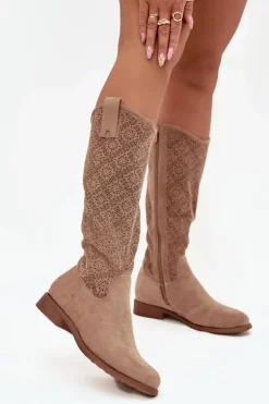 Kozaki Damskie Ażurowe Na Płaskim Obcasie S.Barski HY52-534 Beżowe