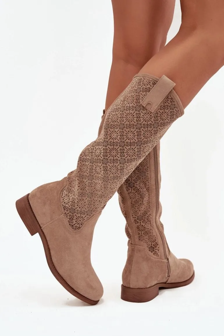 Kozaki Damskie Ażurowe Na Płaskim Obcasie S.Barski HY52-534 Beżowe