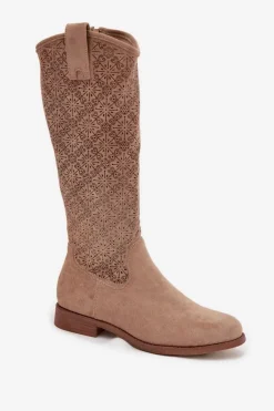 Kozaki Damskie Ażurowe Na Płaskim Obcasie S.Barski HY52-534 Beżowe