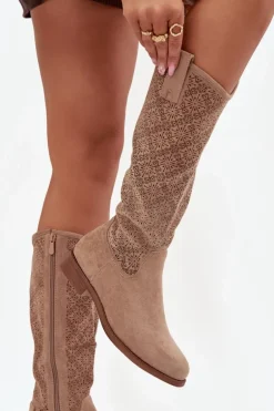 Kozaki Damskie Ażurowe Na Płaskim Obcasie S.Barski HY52-534 Beżowe