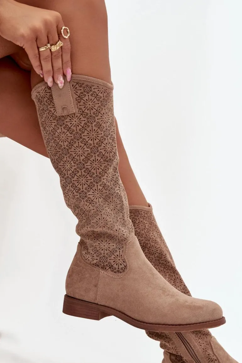 Kozaki Damskie Ażurowe Na Płaskim Obcasie S.Barski HY52-534 Beżowe