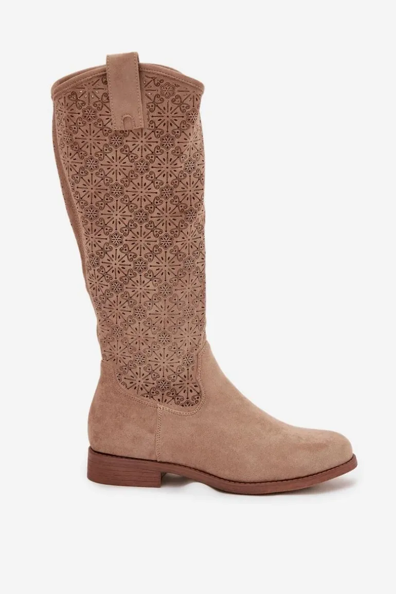 Kozaki Damskie Ażurowe Na Płaskim Obcasie S.Barski HY52-534 Beżowe