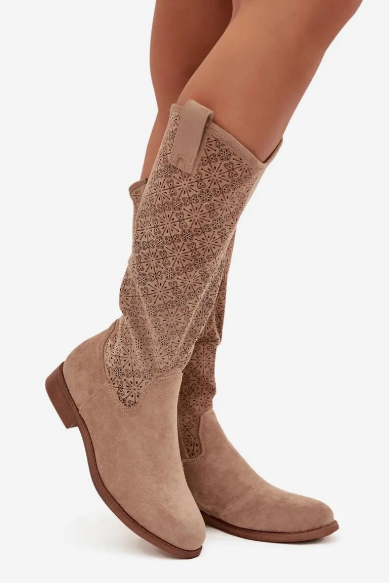 Kozaki Damskie Ażurowe Na Płaskim Obcasie S.Barski HY52-534 Beżowe