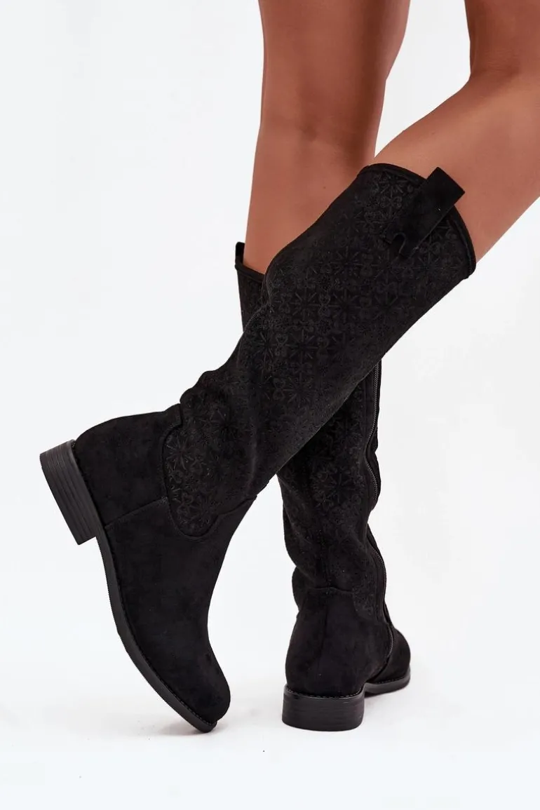 Kozaki Damskie Ażurowe Na Płaskim Obcasie S.Barski HY52-534 Czarne