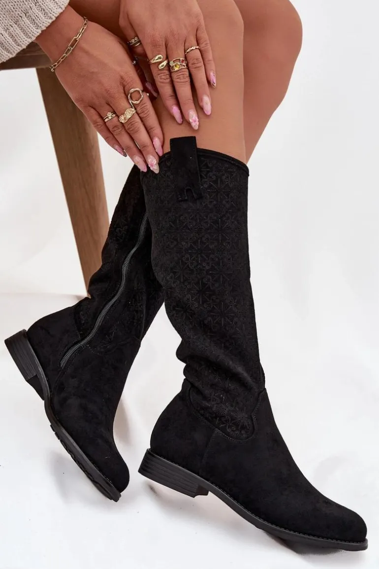 Kozaki Damskie Ażurowe Na Płaskim Obcasie S.Barski HY52-534 Czarne