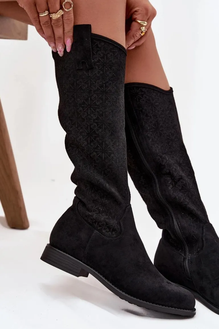 Kozaki Damskie Ażurowe Na Płaskim Obcasie S.Barski HY52-534 Czarne