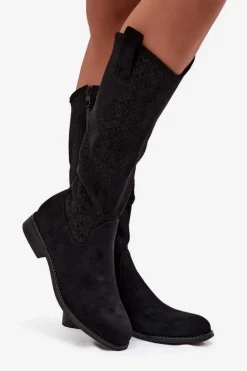 Kozaki Damskie Ażurowe Na Płaskim Obcasie S.Barski HY52-534 Czarne