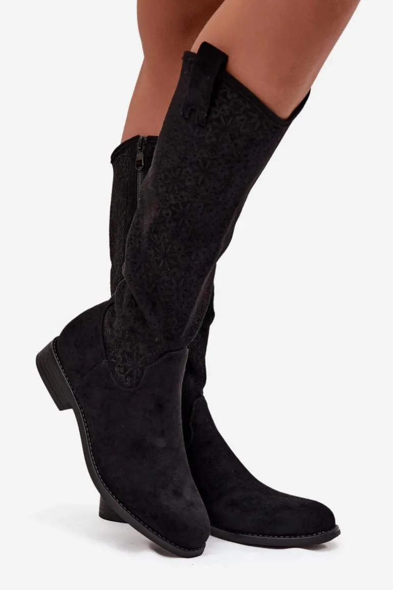 Kozaki Damskie Ażurowe Na Płaskim Obcasie S.Barski HY52-534 Czarne