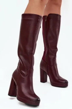 Kozaki Damskie Do Kolana Na Słupku Eko Skórzane Bordowe Thalina