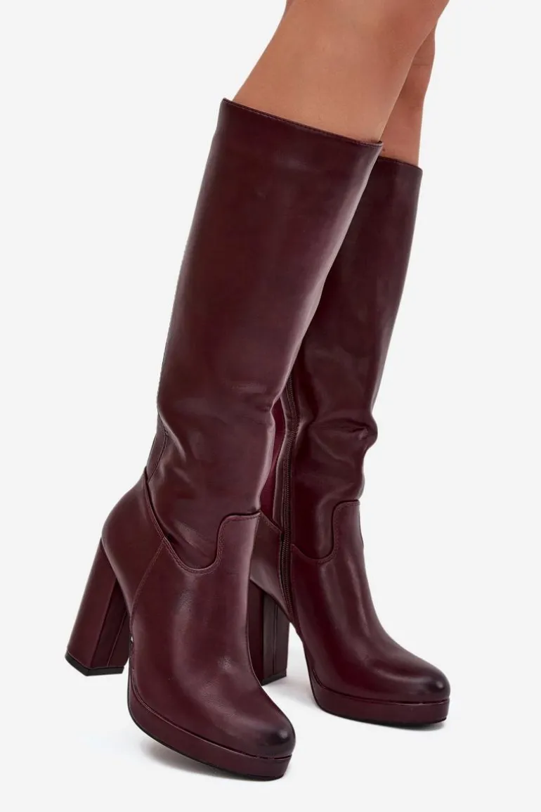 Kozaki Damskie Do Kolana Na Słupku Eko Skórzane Bordowe Thalina