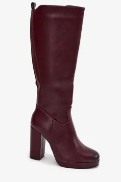 Kozaki Damskie Do Kolana Na Słupku Eko Skórzane Bordowe Thalina