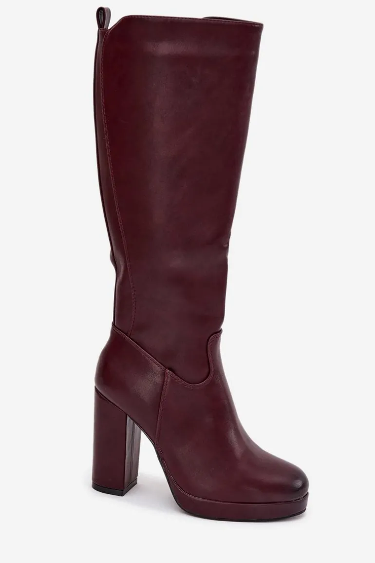 Kozaki Damskie Do Kolana Na Słupku Eko Skórzane Bordowe Thalina