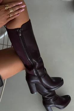 Kozaki Damskie Do Kolana Na Słupku Eko Skórzane Bordowe Thalina