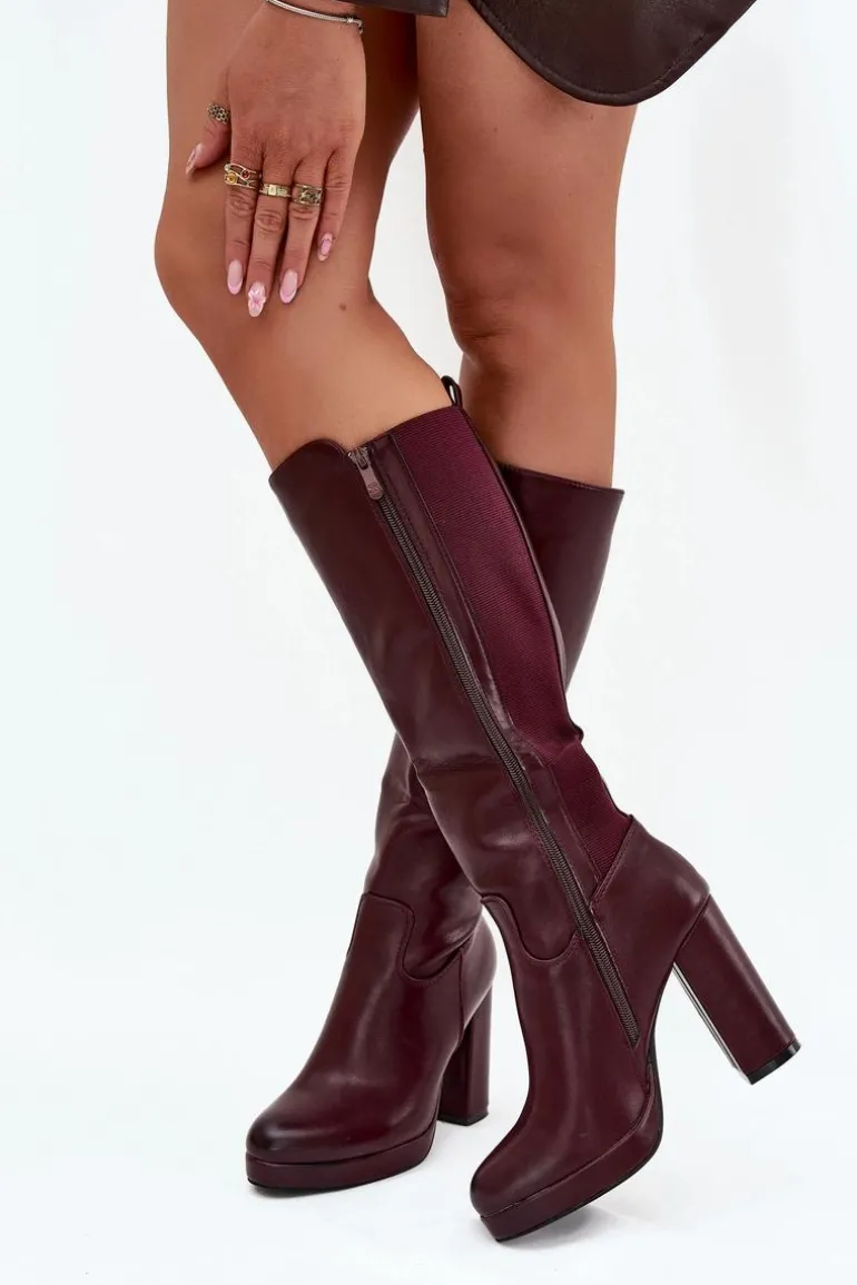 Kozaki Damskie Do Kolana Na Słupku Eko Skórzane Bordowe Thalina