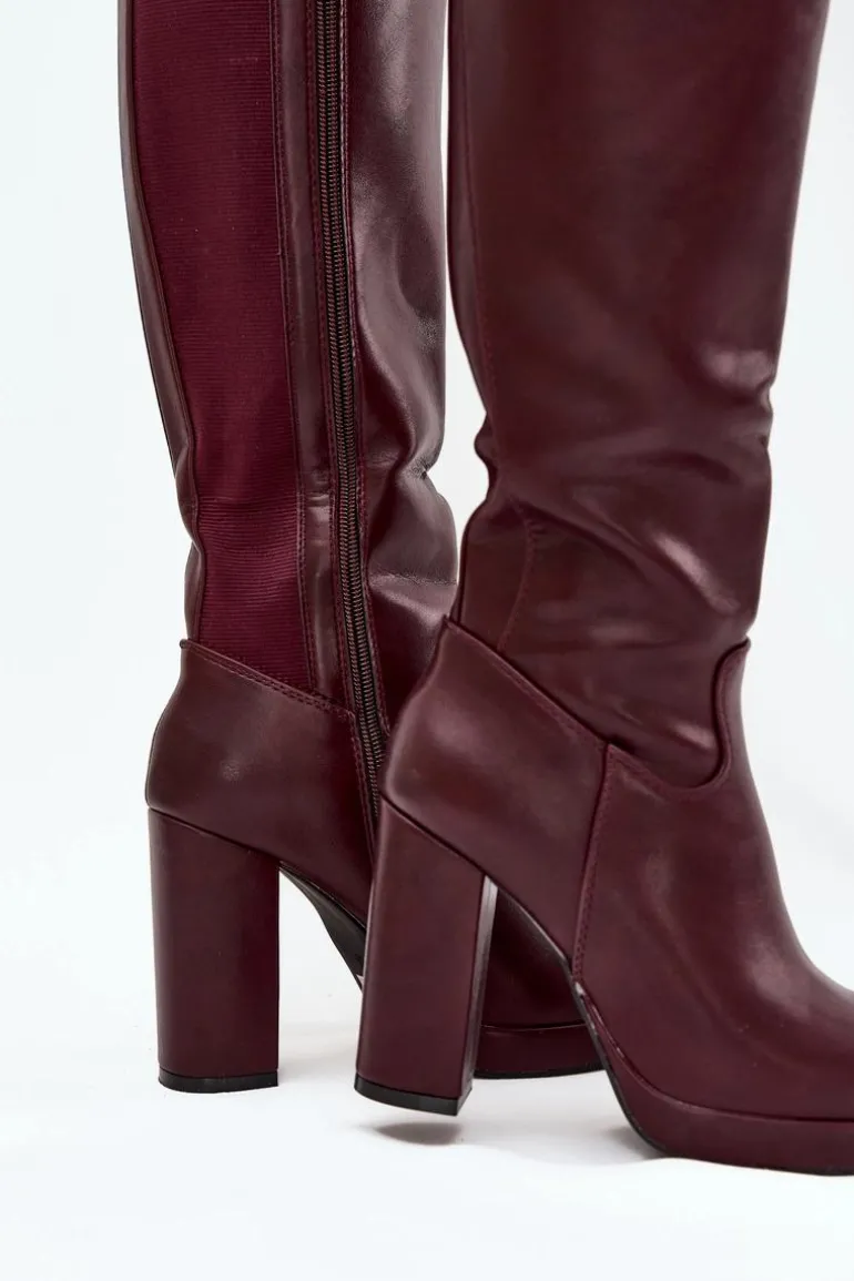 Kozaki Damskie Do Kolana Na Słupku Eko Skórzane Bordowe Thalina