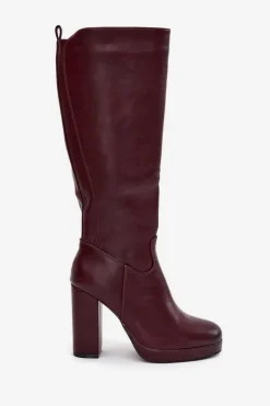 Kozaki Damskie Do Kolana Na Słupku Eko Skórzane Bordowe Thalina