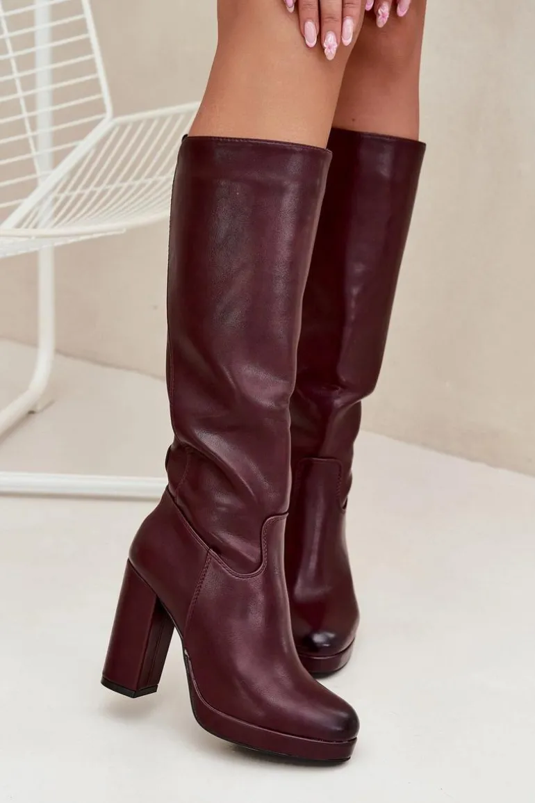 Kozaki Damskie Do Kolana Na Słupku Eko Skórzane Bordowe Thalina