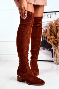 Kozaki Damskie Do Kolana Eko-Zamsz Camel Indigo