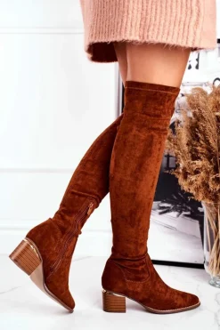 Kozaki Damskie Do Kolana Eko-Zamsz Camel Indigo