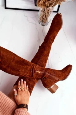 Kozaki Damskie Do Kolana Eko-Zamsz Camel Indigo