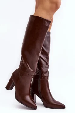 Kozaki Damskie Do Kolana Na Słupku Brązowe Fiminna