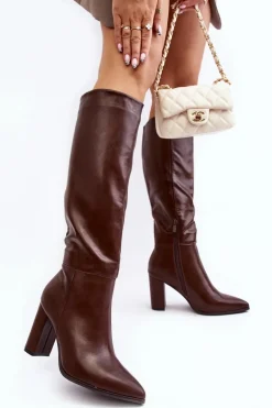 Kozaki Damskie Do Kolana Na Słupku Brązowe Fiminna