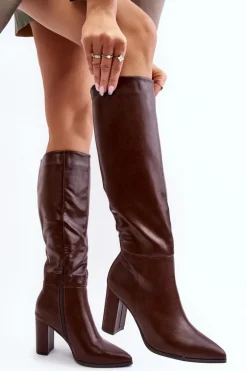 Kozaki Damskie Do Kolana Na Słupku Brązowe Fiminna