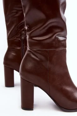 Kozaki Damskie Do Kolana Na Słupku Brązowe Fiminna