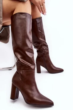 Kozaki Damskie Do Kolana Na Słupku Brązowe Fiminna