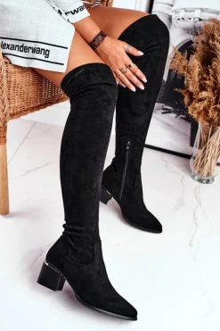 Kozaki Damskie Do Kolana Eko-Zamsz Czarne Indigo