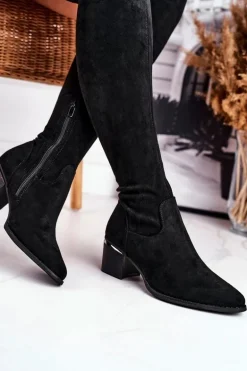 Kozaki Damskie Do Kolana Eko-Zamsz Czarne Indigo