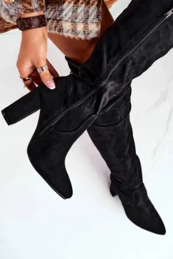 Kozaki Damskie Do Kolana Eko-Zamsz Czarne First Time