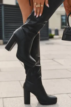 Kozaki Damskie Do Kolana Na Słupku Eko Skórzane Czarne Thalina