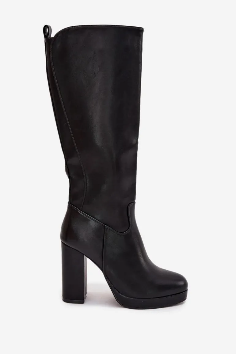 Kozaki Damskie Do Kolana Na Słupku Eko Skórzane Czarne Thalina