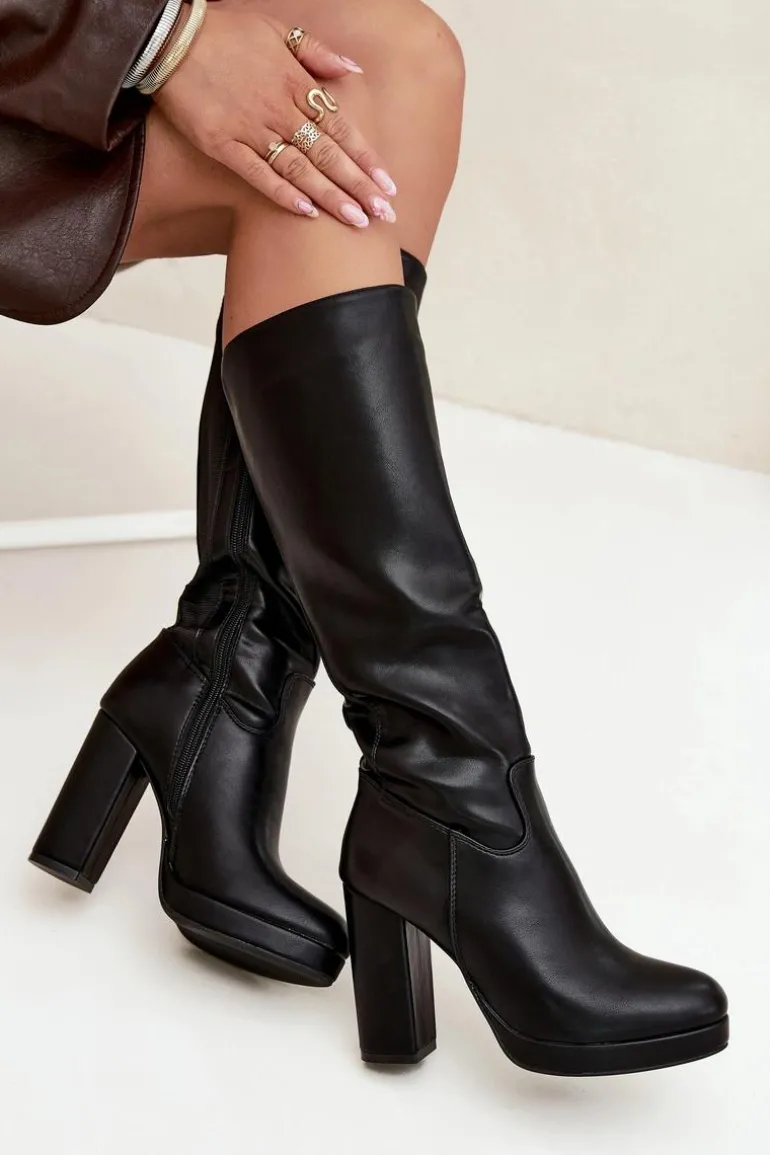 Kozaki Damskie Do Kolana Na Słupku Eko Skórzane Czarne Thalina