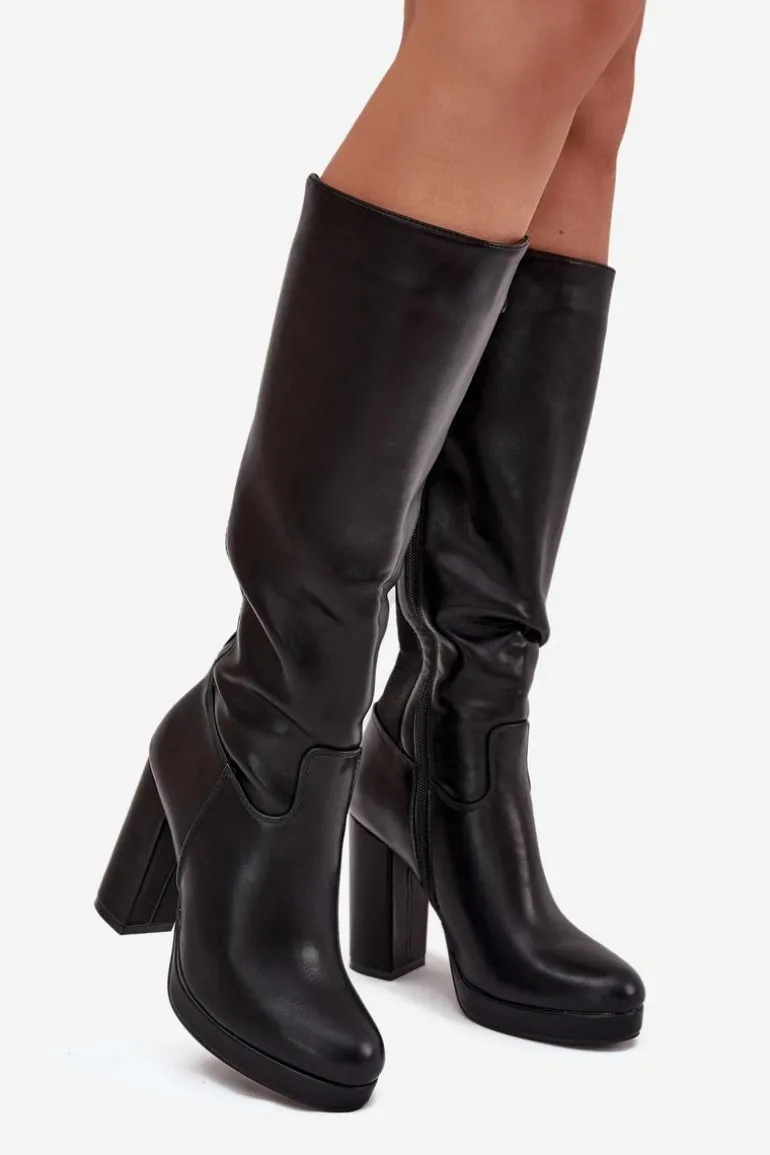 Kozaki Damskie Do Kolana Na Słupku Eko Skórzane Czarne Thalina