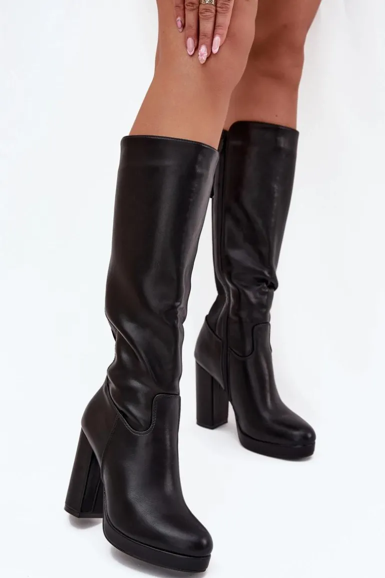 Kozaki Damskie Do Kolana Na Słupku Eko Skórzane Czarne Thalina