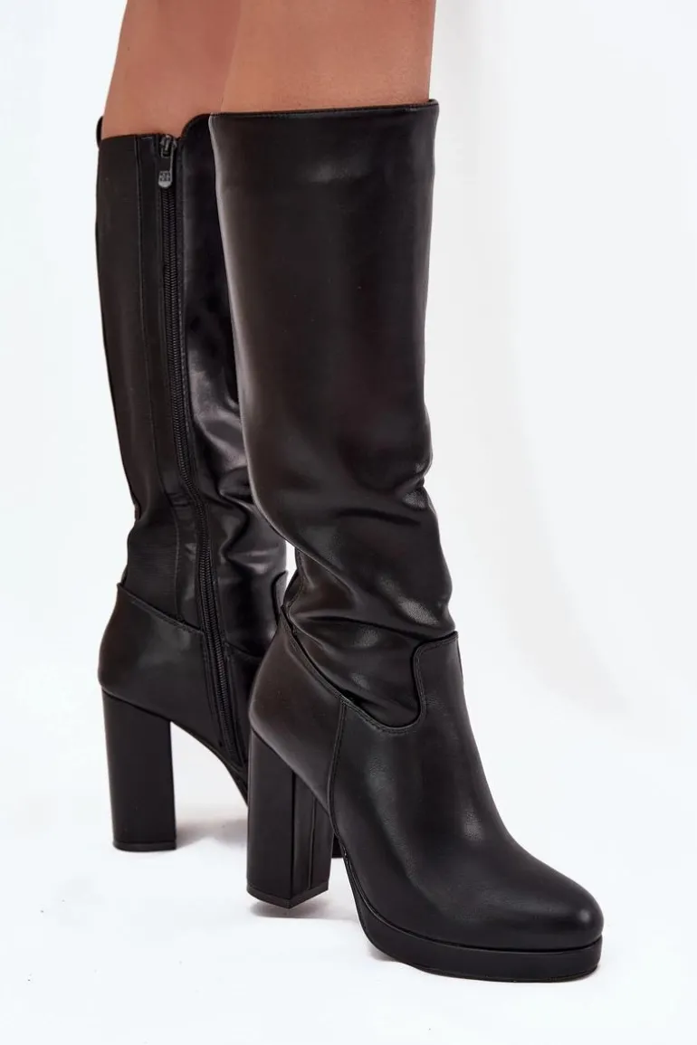 Kozaki Damskie Do Kolana Na Słupku Eko Skórzane Czarne Thalina