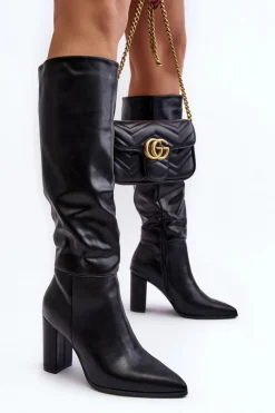 Kozaki Damskie Do Kolana Na Słupku Czarne Fiminna