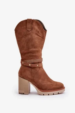 Kozaki Damskie Do Połowy Łydki Na Słupku Ocieplane Camel Ivanelis