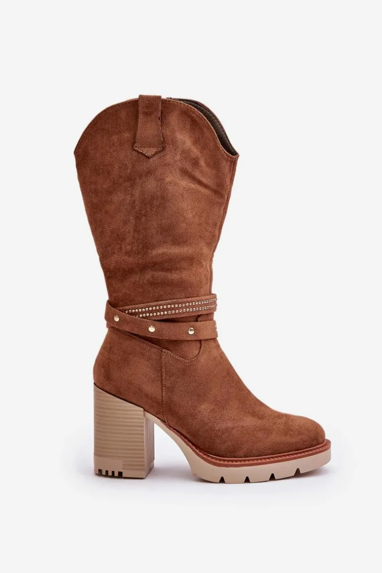 Kozaki Damskie Do Połowy Łydki Na Słupku Ocieplane Camel Ivanelis